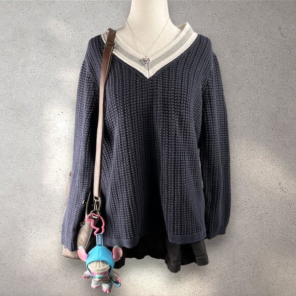 Liz Claiborne Chunky Knit V-Neck Sweater Women’s XLT Navy Preppy Academia Cozy - Picture 1 of 8